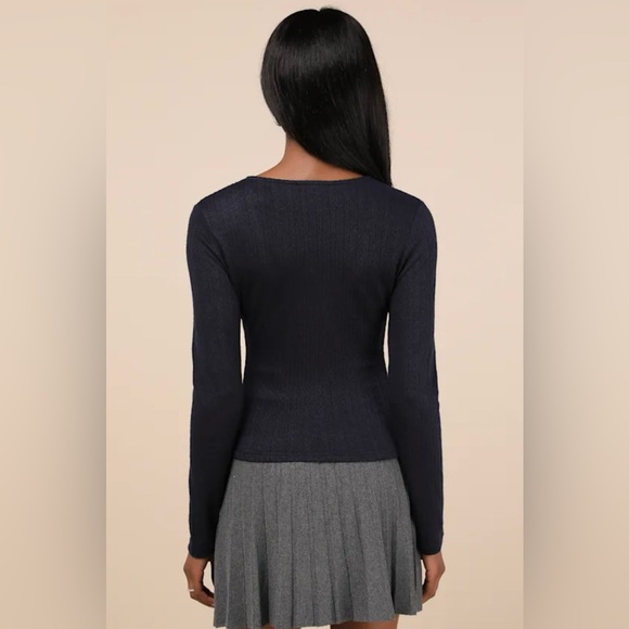 Lulus Navy Pointelle Scoop Neck Long Sleeve Top. Size Medium. - Picture 3 of 7